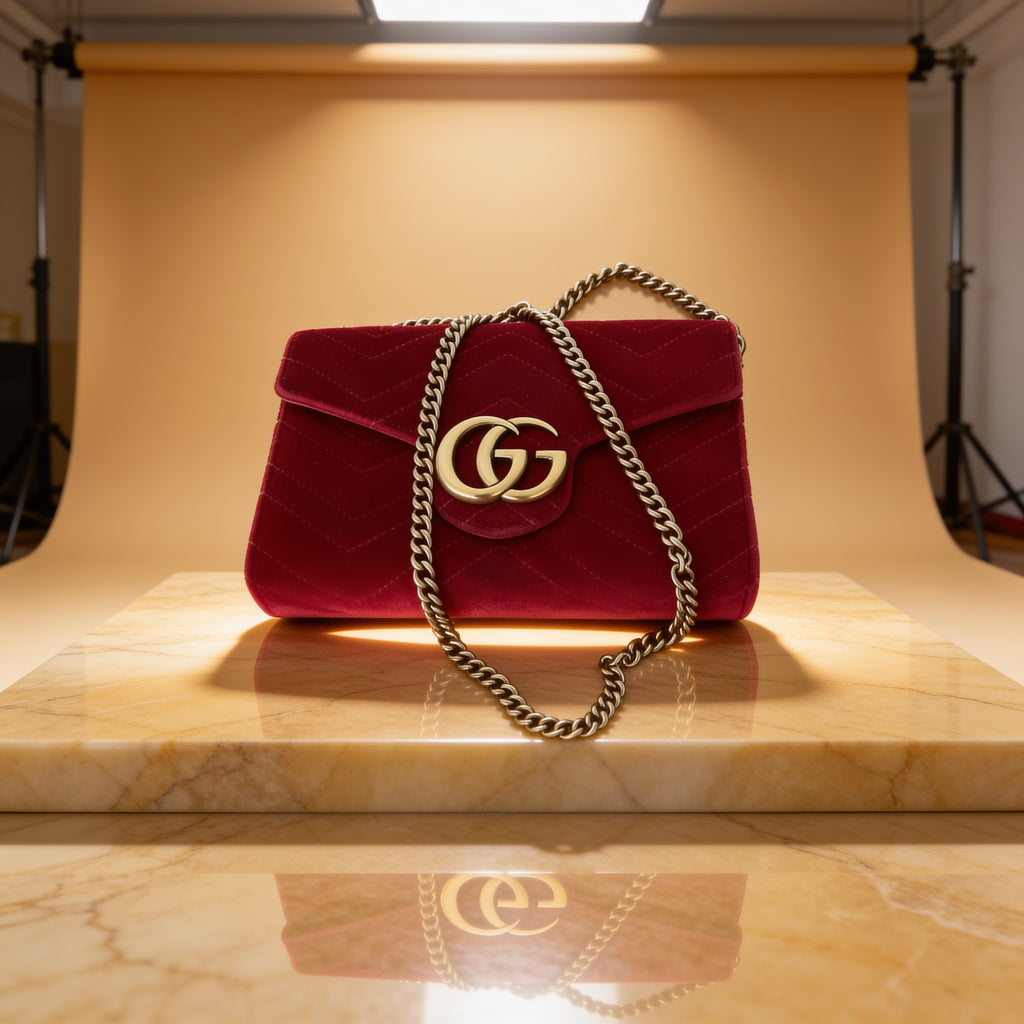Gucci GG Marmont Schultertasche aus Samt – Bordeauxrot mit Goldkette