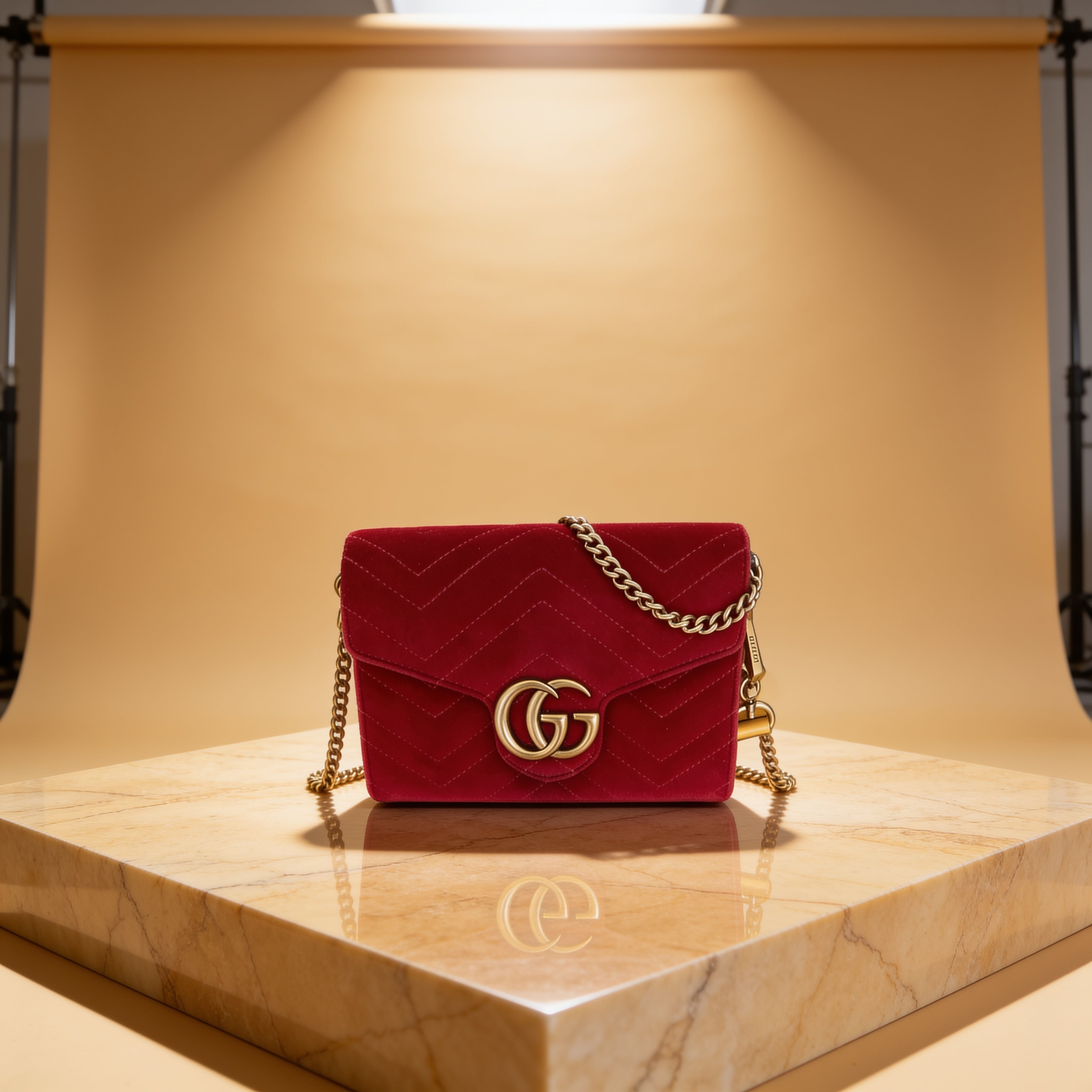 Gucci GG Marmont Schultertasche aus Samt – Bordeauxrot mit Goldkette